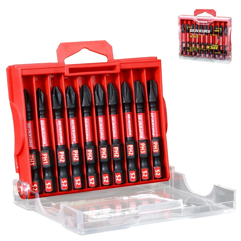 Geinxurn Impact Tough 2 in. (PH1/PH2/PH3) Screwdriver Bits Set 10 Pack Magnetic S2 Steel Phillips Power Driver Bits with Storage M-Box - Image 2